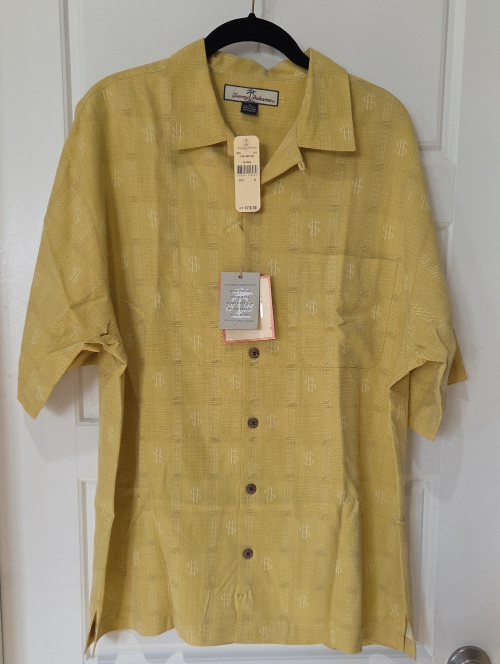 Retro Y2K-era Tommy Bahama "It's Only Money" Silk Camp Shirt Yellow